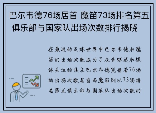 巴尔韦德76场居首 魔笛73场排名第五 俱乐部与国家队出场次数排行揭晓