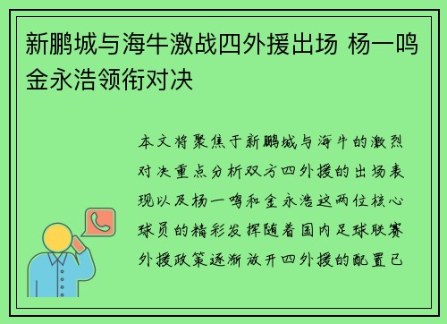 新鹏城与海牛激战四外援出场 杨一鸣金永浩领衔对决
