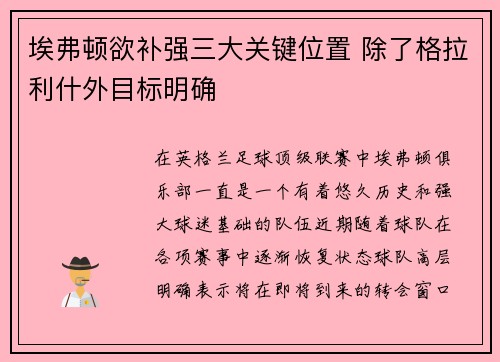 埃弗顿欲补强三大关键位置 除了格拉利什外目标明确