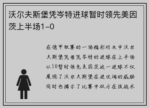 沃尔夫斯堡凭岑特进球暂时领先美因茨上半场1-0