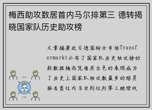梅西助攻数居首内马尔排第三 德转揭晓国家队历史助攻榜